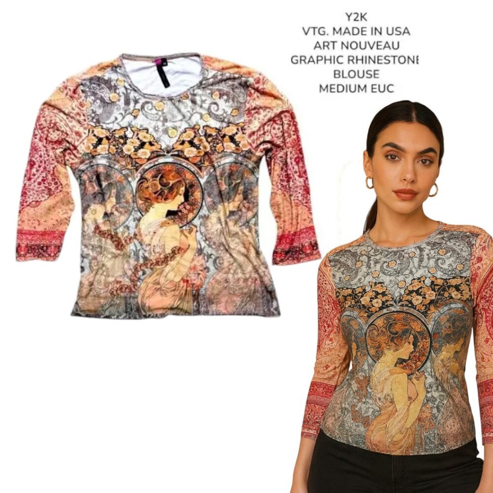 Y2K VTG. MADE IN USA ART NOUVEAU ALL‎ OVER PRINT  NU CONSTRUCTION TOP MEDIUM EUC